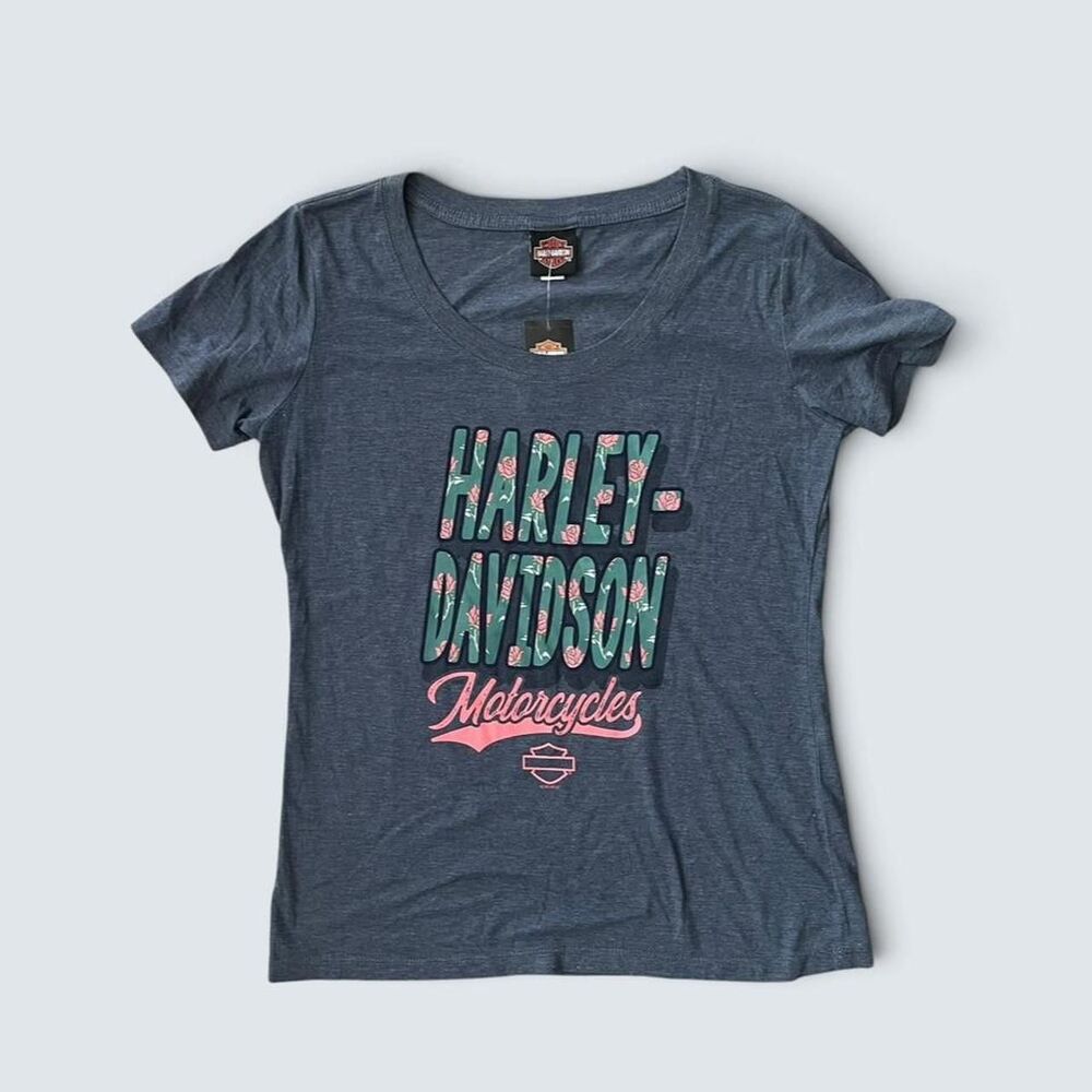 Harley-davidson Women's Blue and Grey T-shirt